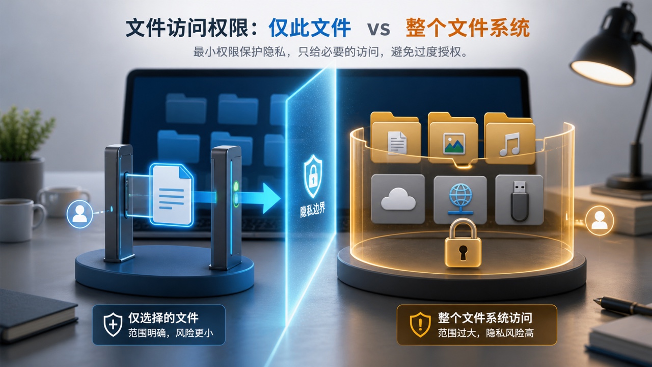 Windows 单个文件选择与整个文件系统访问边界示意图